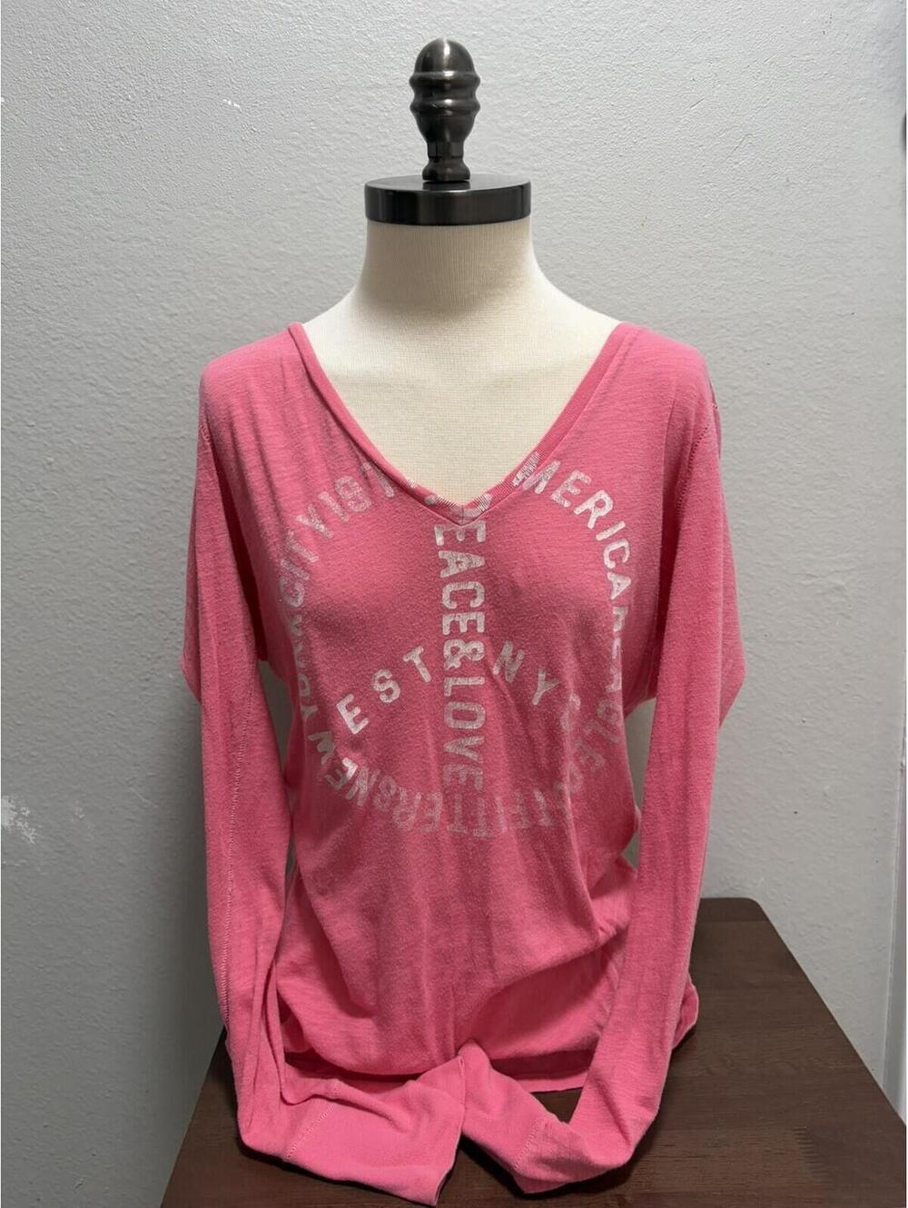 Y2K American Eagle Pink Deep V Neck Long Sleeve Peace L